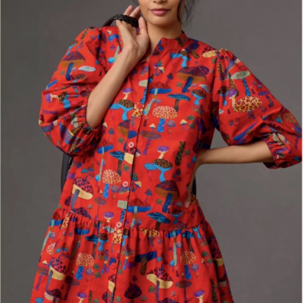 FARM Rio Red Smocked Mini Dress with Puff Sleeves mushroom print